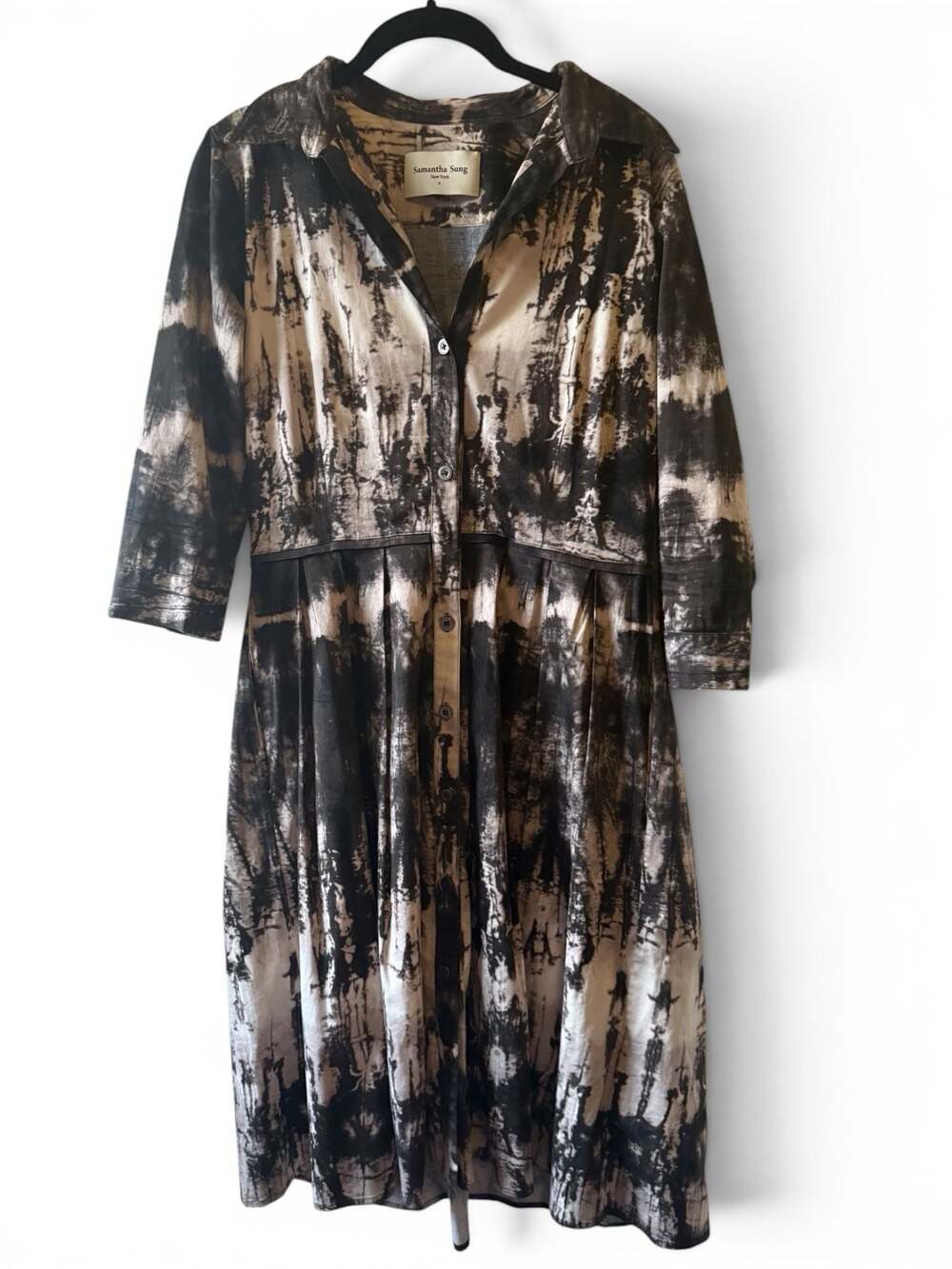 Samantha Sung New York Hand Printed Midi Shirt Dress Size 8 Shibori Abstract Bal
